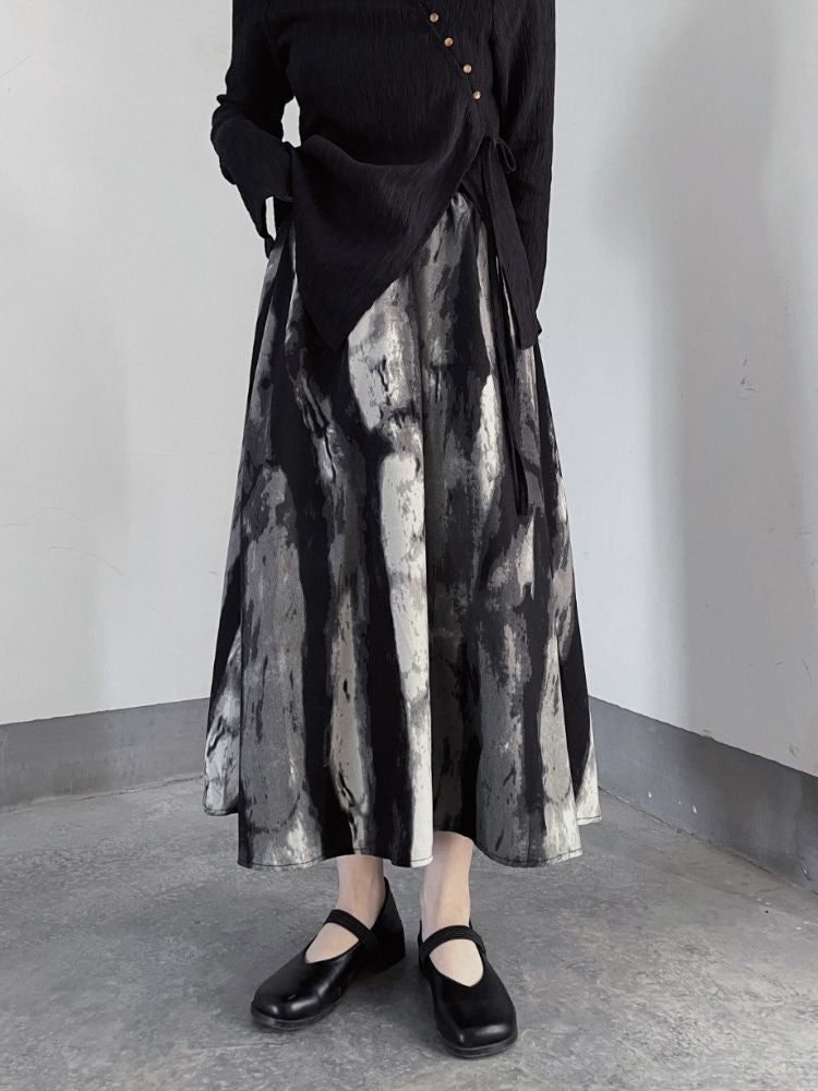 【Floating weed】Artistic ink printing and dyeing long skirt  FW0001