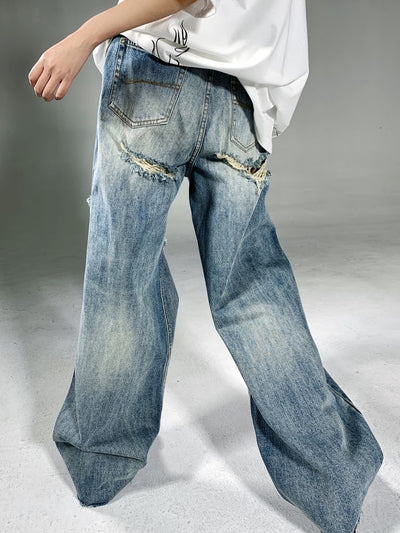 【MAXDSTR】Washed ripped design wide denim jeans MD0064