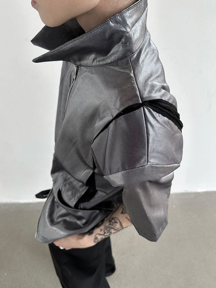 【Very Fewest】Shoulder pad double zipper short sleeve jacket  VF0015