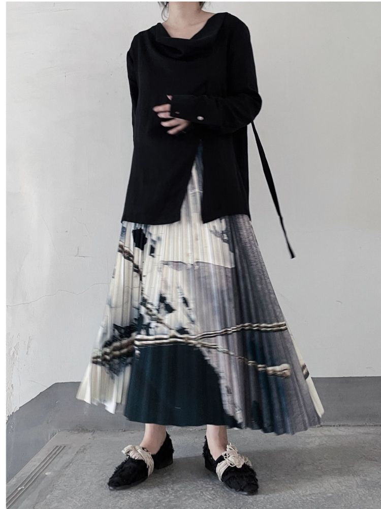 [Floating weed] Abstract oil painting printing Calf-length pleated skirt FW0002