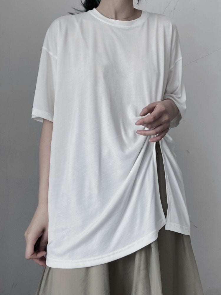 【Floating weed】Side slit pleated design short-sleeved T-shirt FW0003