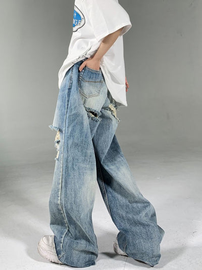 【MAXDSTR】Washed ripped design wide denim jeans MD0064
