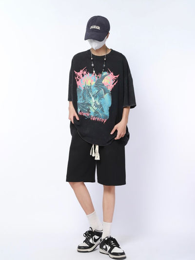 Dragon print loose short-sleeved T-shirt HL2914