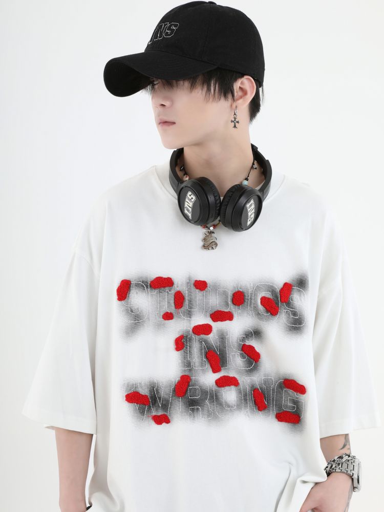 【INS】Smoke embroidery logo half sleeve washed T-shirt  IN0014