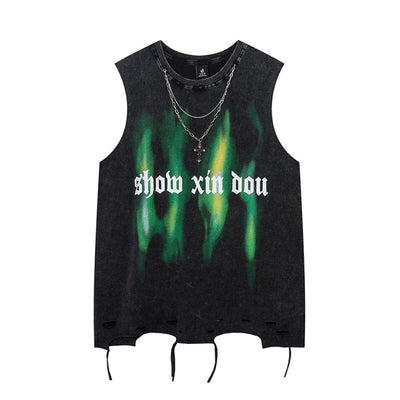 【CEDY】Gothic letter print distressed design sleeveless T-shirt  CD0029