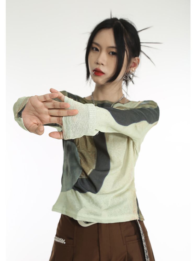 【Sai Xiaolao】Color blocking long sleeve sheer T-shirt  SX0014