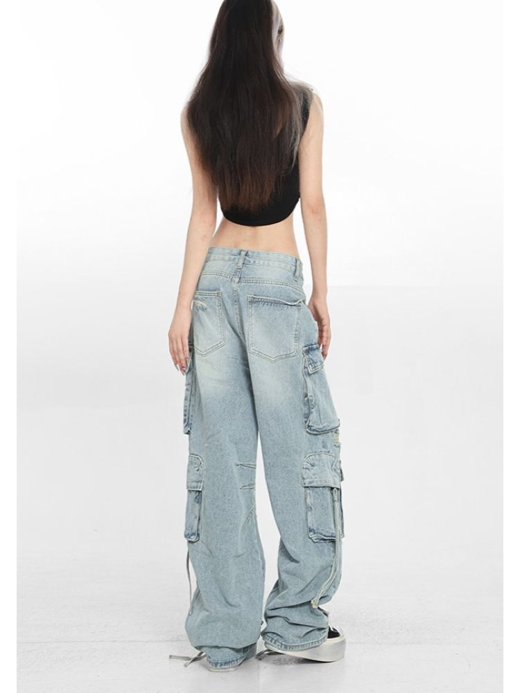 【Sai Xiaolao】Multi pocket High waist straight denim pants  SX0010