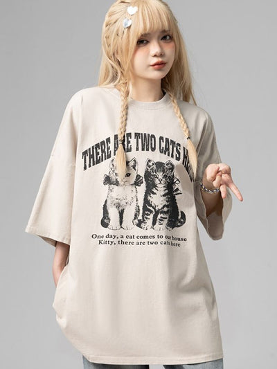 【TARASAER】Cat print wash loose short-sleeved T-shirt  TS0003