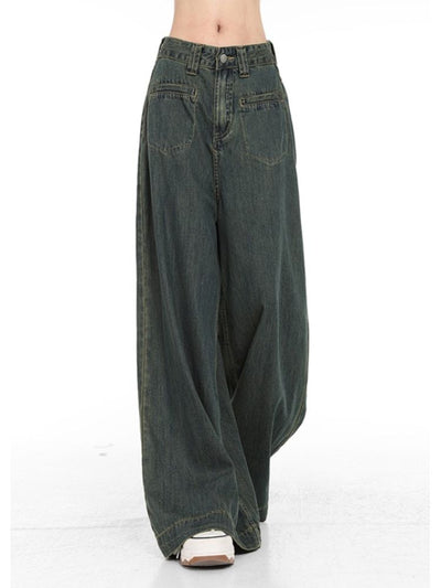 【Sai Xiaolao】High waist drape wide leg denim pants  SX0011