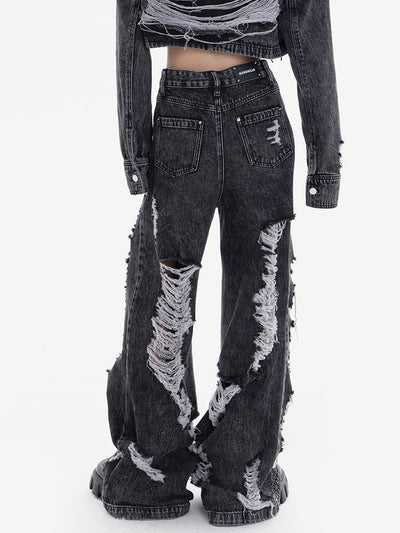 【EDX】Tassel ripped design wide leg jeans  EX0002