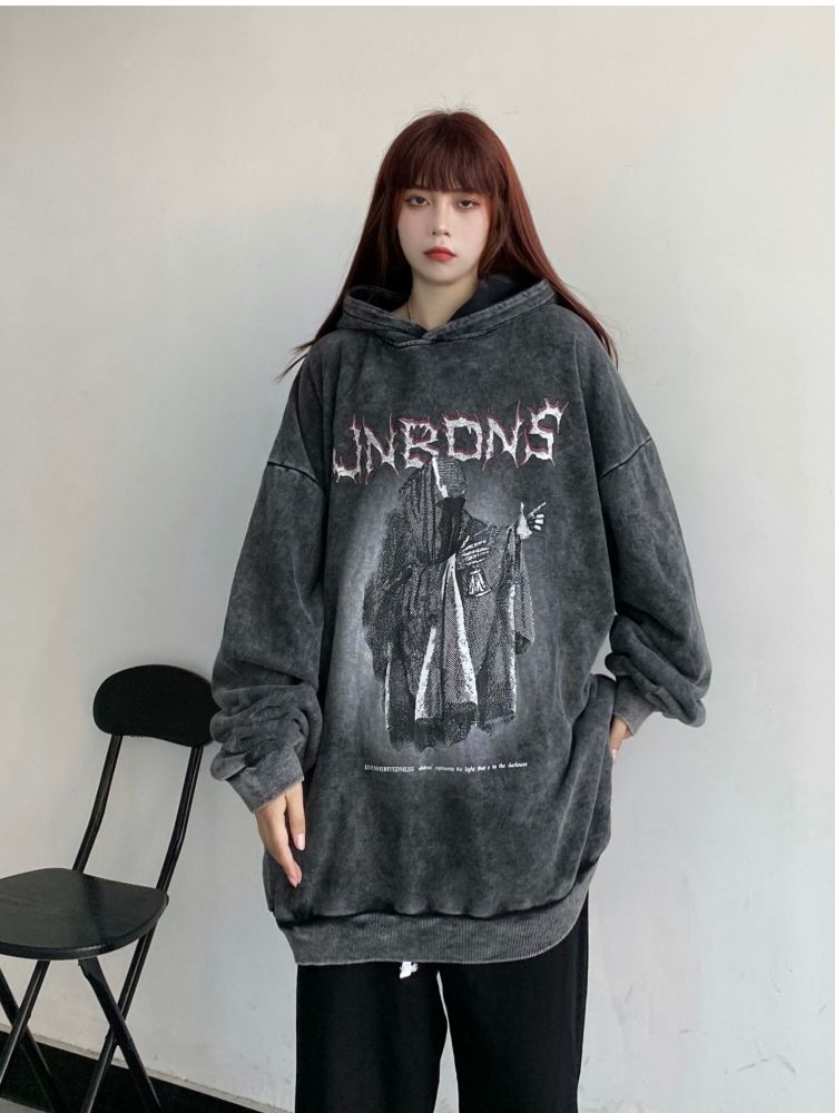 【W3】Retro dark devil print washed oversized hoodie  WO0010