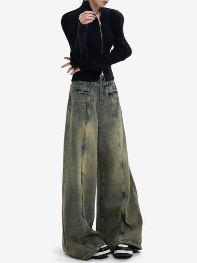 [EDX] Drape design loose wide leg jeans EX0006