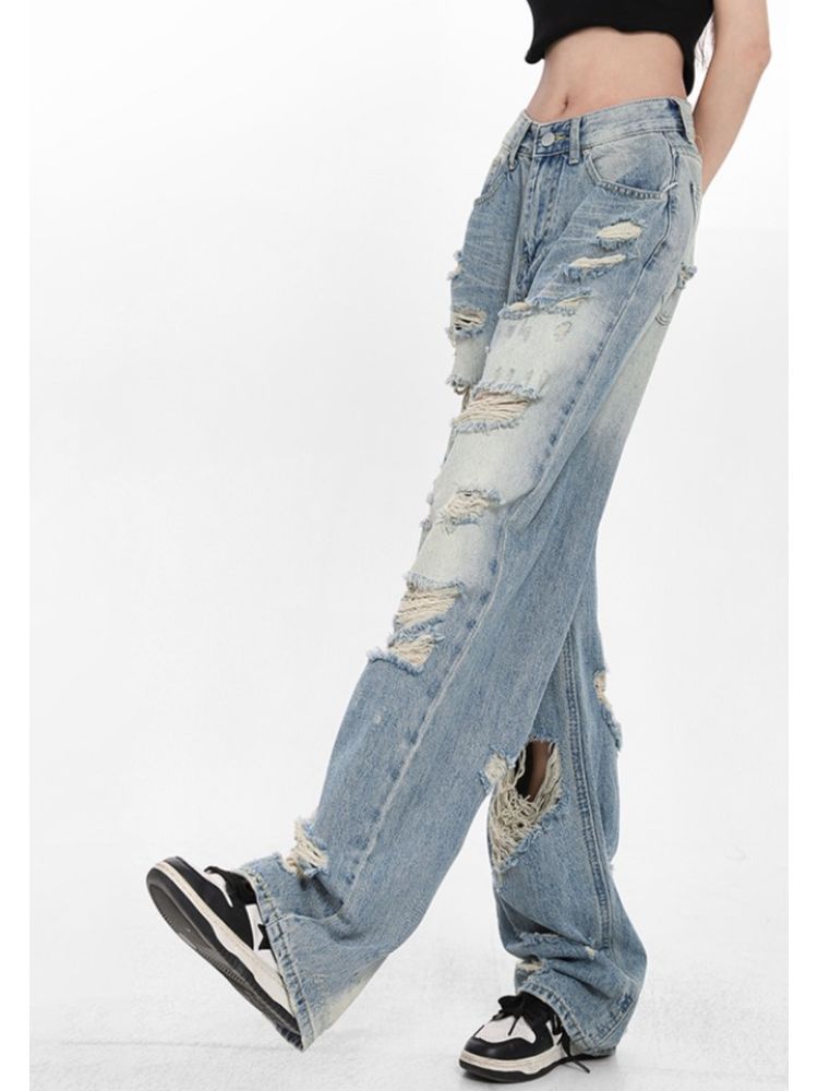 【Sai Xiaolao】High waist ripped wide leg jeans  SX0009