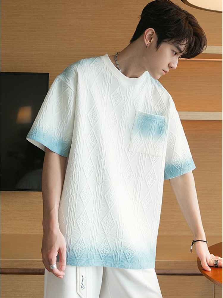 【CHICERRO】Gradation color contrast loose short-sleeved T-shirt  CR0006