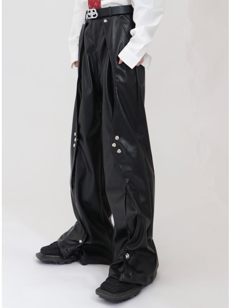 [Culture E] High-end metal button design loose leather straight pants CE0070