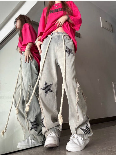 【W3】Star embroidery washed straight jeans WO0004