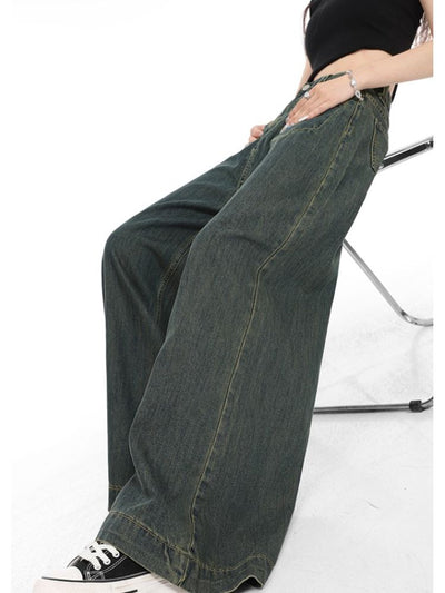 【Sai Xiaolao】High waist drape wide leg denim pants  SX0011