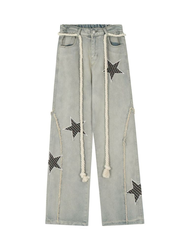 【W3】Star embroidery washed straight jeans  WO0004