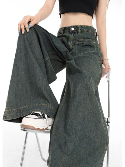 【Sai Xiaolao】High waist drape wide leg denim pants  SX0011