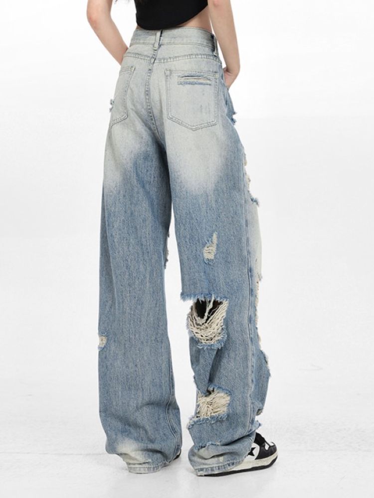 【Sai Xiaolao】High waist ripped wide leg jeans  SX0009