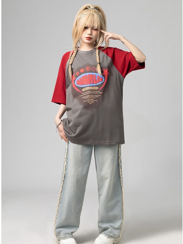 【TARASAER】Contrast color raglan sleeve short sleeve T-shirt  TS0007