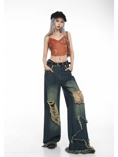 [Sai Xiaolao] Star ripped tassel high waist loose denim jeans SX0013