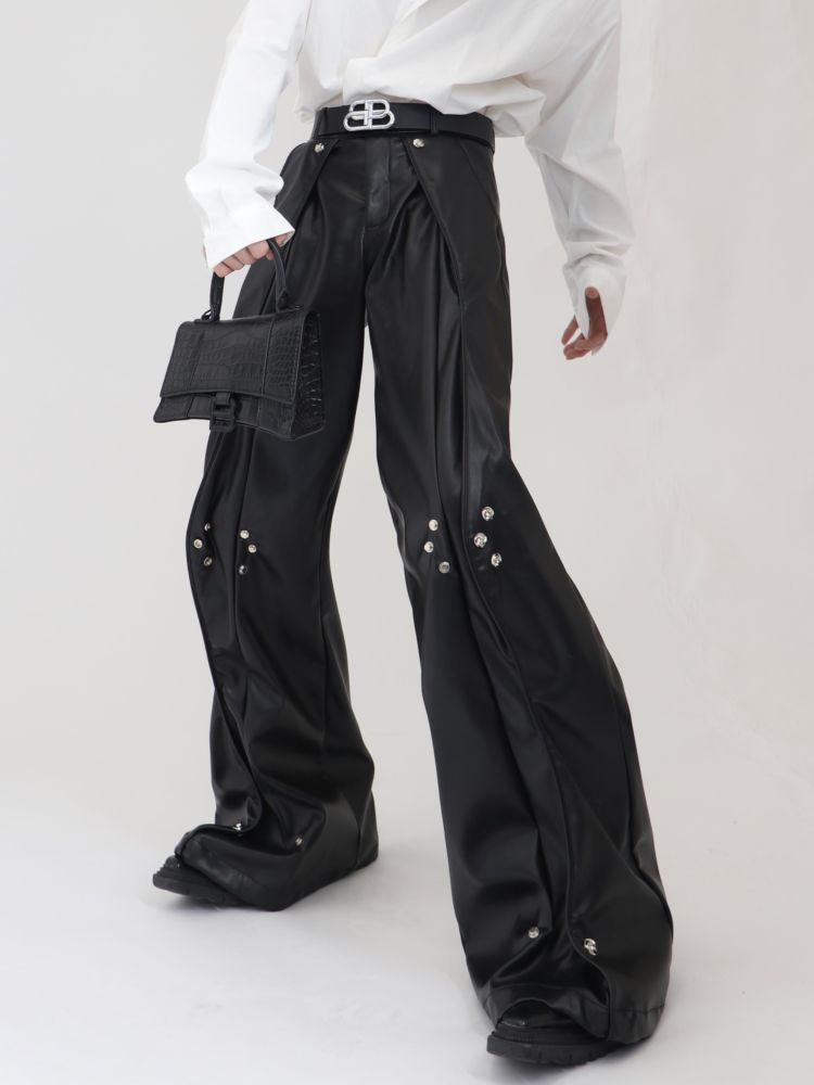 【Culture E】High-end metal button design loose leather straight pants  CE0070