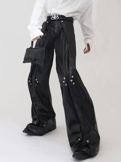【Culture E】High-end metal button design loose leather straight pants  CE0070