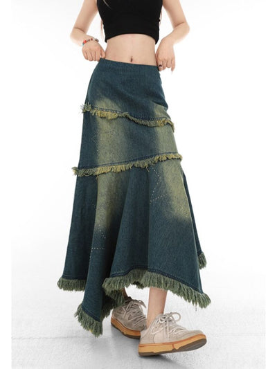【Sai Xiaolao】Tassel design denim fishtail skirt SX0016