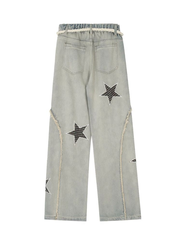【W3】Star embroidery washed straight jeans WO0004