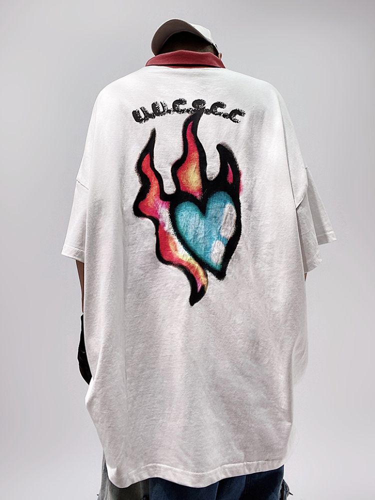 [UUCSCC] Flame heart graffiti loose polo shirt US0043