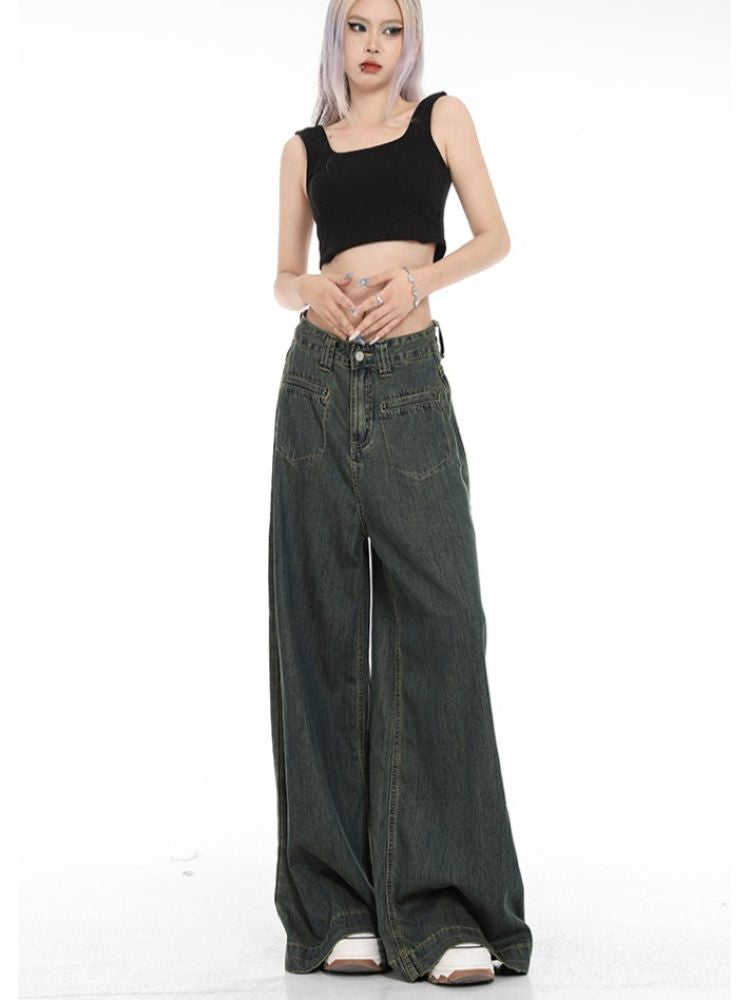 【Sai Xiaolao】High waist drape wide leg denim pants  SX0011