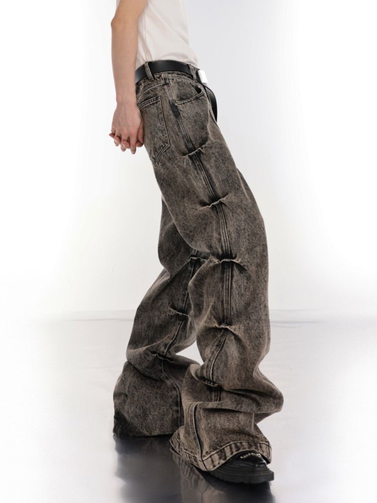 【Culture E】Dark gray high waist flared old wash jeans  CE0065