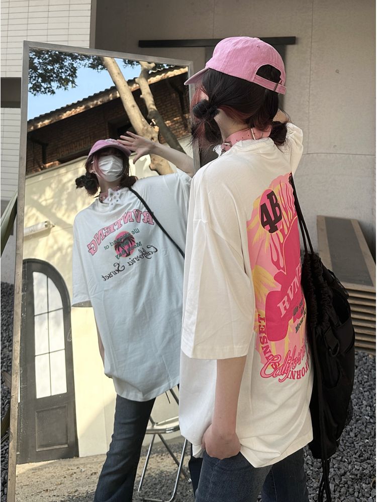 【Take off】Retro design print pink logo loose short-sleeved T-shirt TO0016