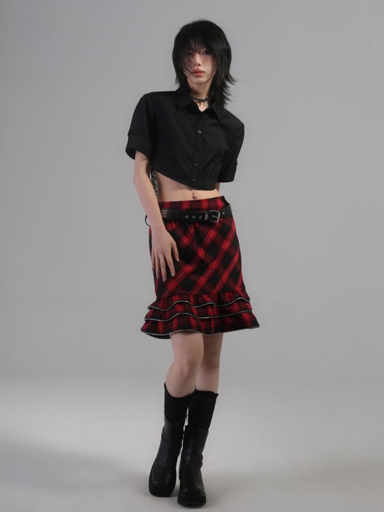 【ROSETOWER】College style retro plaid lace short skirt RT0003