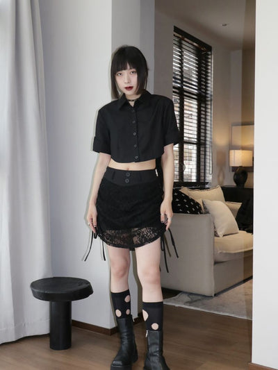 【ROSETOWER】Splicing design high waist back black lace short sleeve shirt RT0007