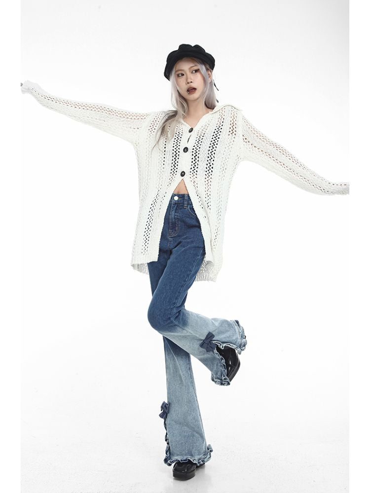 Sai Xiaolao] Side ribbon design high waist denim jeans