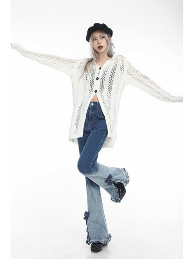 [Sai Xiaolao] Side ribbon design high waist denim jeans SX0007