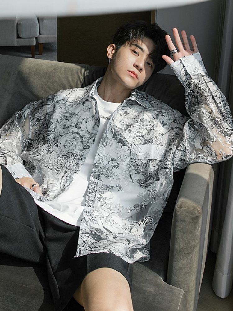 [CHICERRO] Chinese style floral loose sheer shirt CR0003