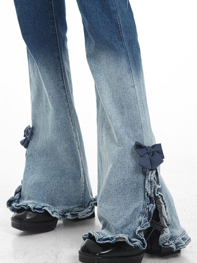 【Sai Xiaolao】Side ribbon design high waist denim jeans  SX0007