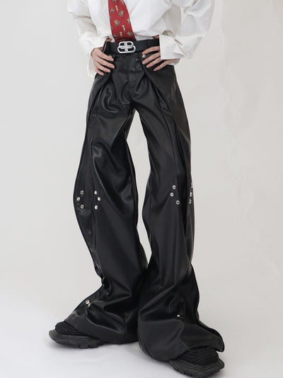 【Culture E】High-end metal button design loose leather straight pants  CE0070