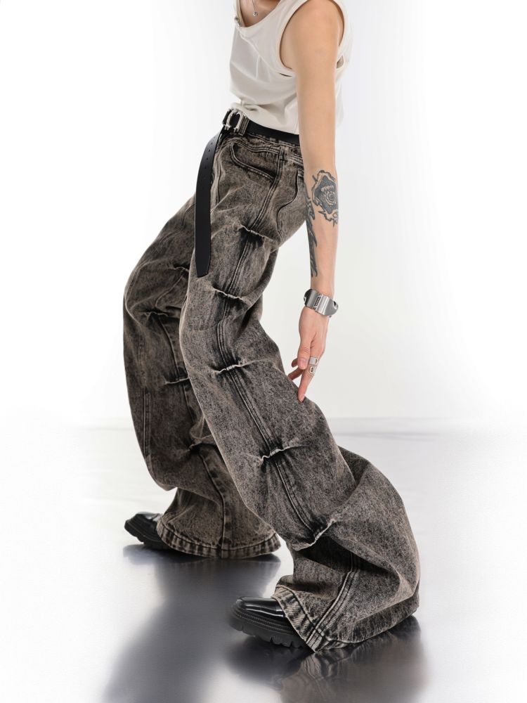 【Culture E】Dark gray high waist flared old wash jeans  CE0065
