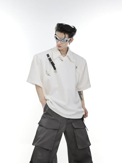 [Culture E] Belt buckle design shoulder pad short sleeve shirt CE0068