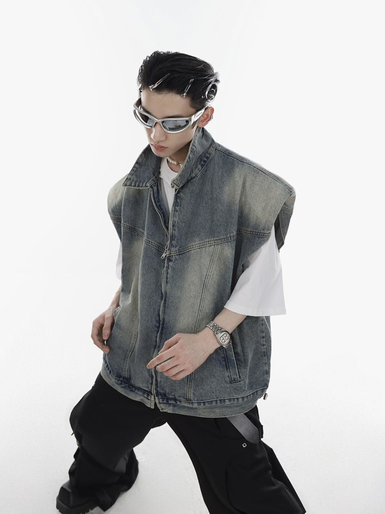 【Culture E】Retro shoulder pad wash denim jacket vest  CE0069