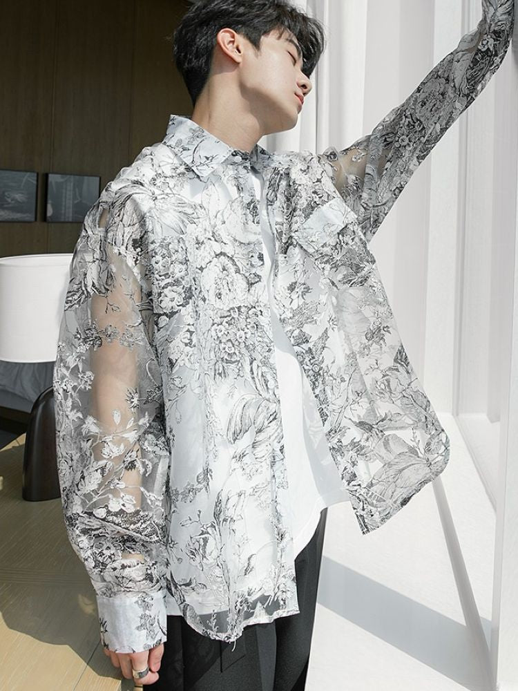 【CHICERRO】Chinese style floral loose sheer shirt  CR0003