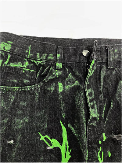 【Ⅱtype trb】Fluorescent green splash ink ripped denim jeans  LT0006