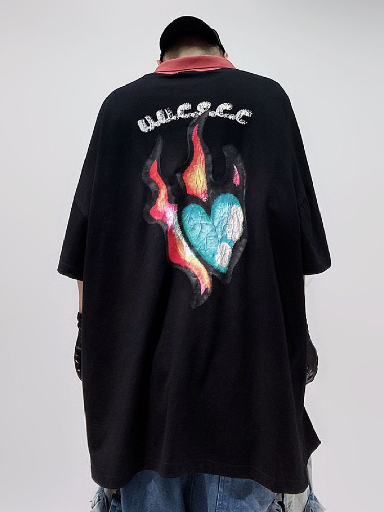 [UUCSCC] Flame heart graffiti loose polo shirt US0043