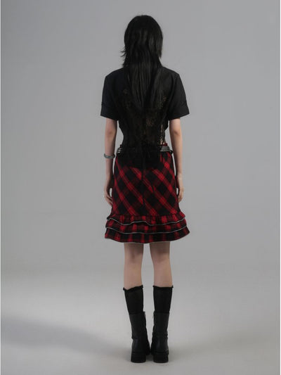 【ROSETOWER】College style retro plaid lace short skirt  RT0003