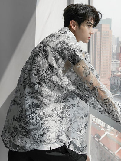 【CHICERRO】Chinese style floral loose sheer shirt  CR0003