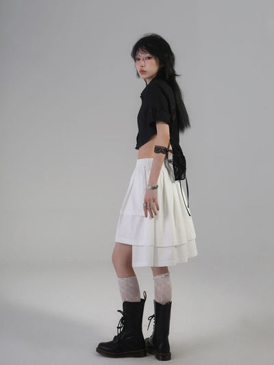 【ROSETOWER】Splicing design high waist back black lace short sleeve shirt RT0007